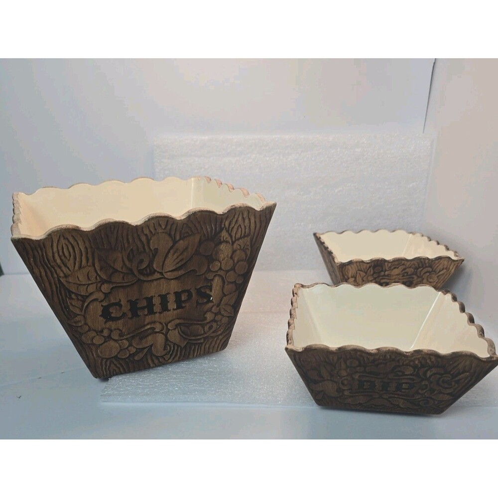 Vintage 1958 Treasure Craft Pottery 3-Piece Chips & Dip Serving Set.